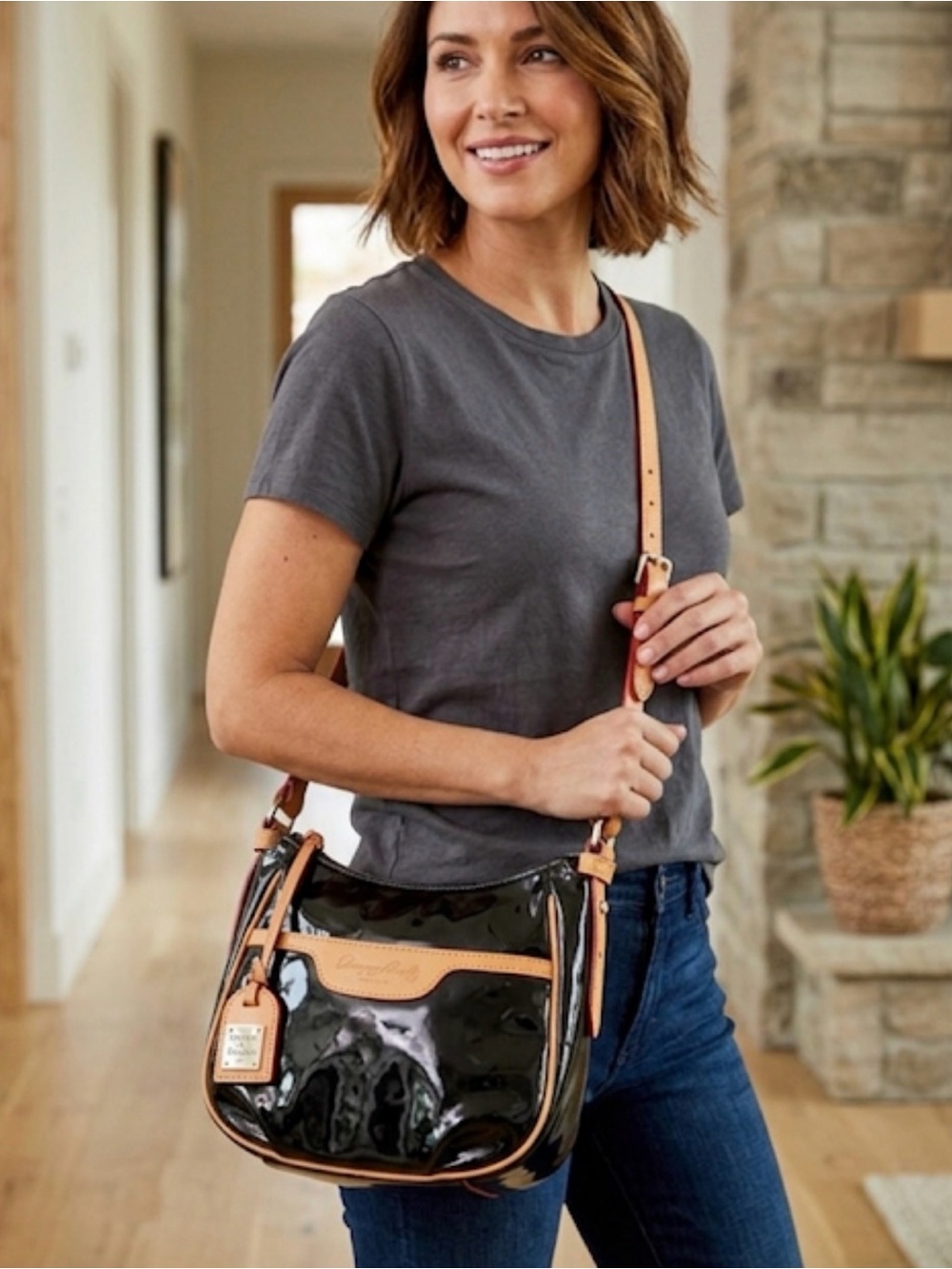 Dooney & Bourke Black Patent Crossbody with Tan Trim